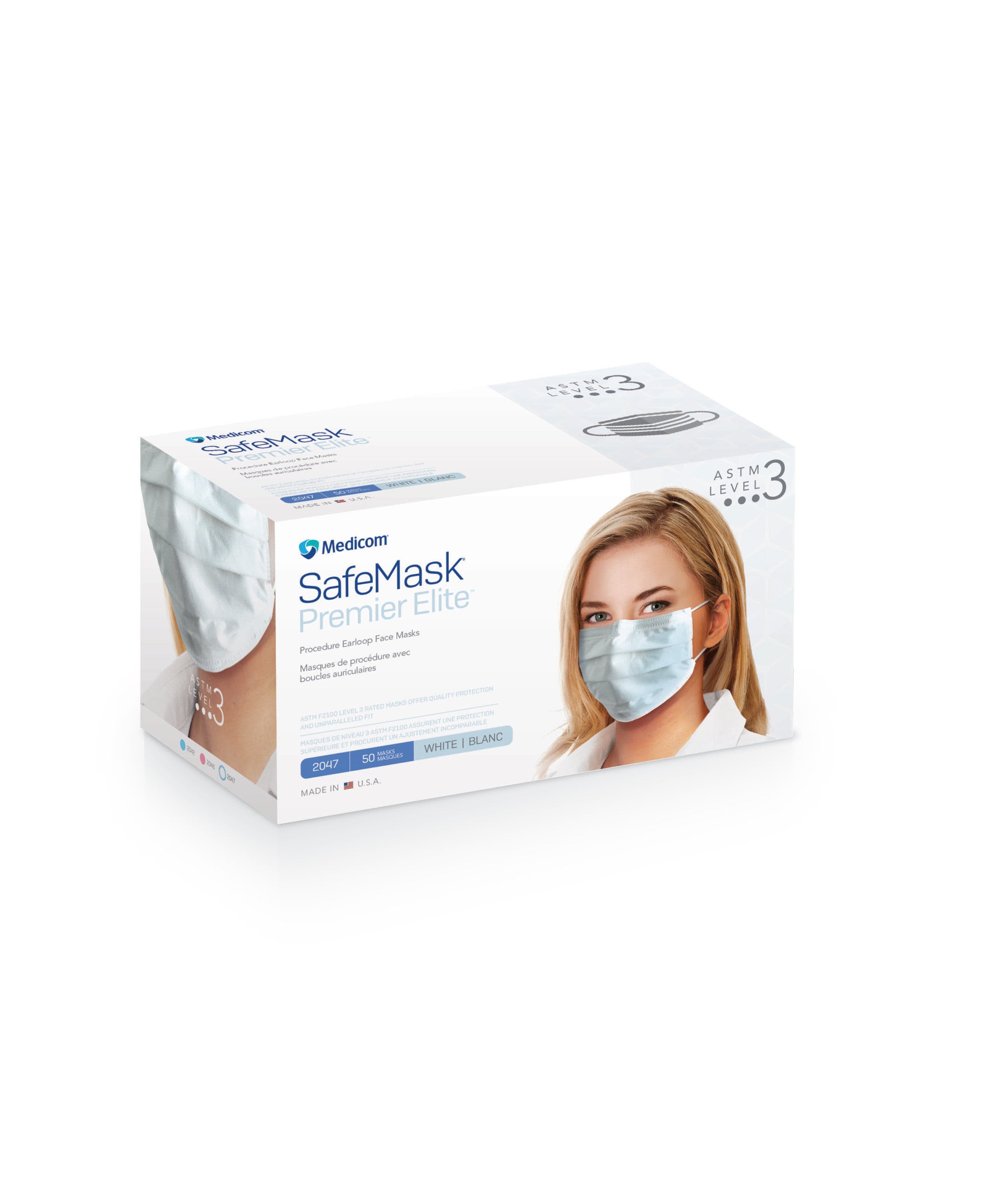 Medicom 2047 SafeMask Premier Elite Earloop Face Masks ASTM Level 3 White 50/Bx Medicom 2047 SafeMask Premier Elite Earloop Face Masks ASTM Level 3 White 50/Bx